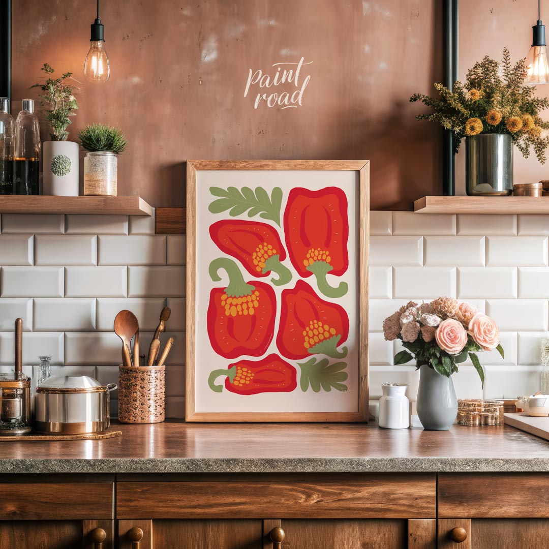 This vibrant and bold illustration celebrates the beauty of red bell peppers, presented in various … for kitchen