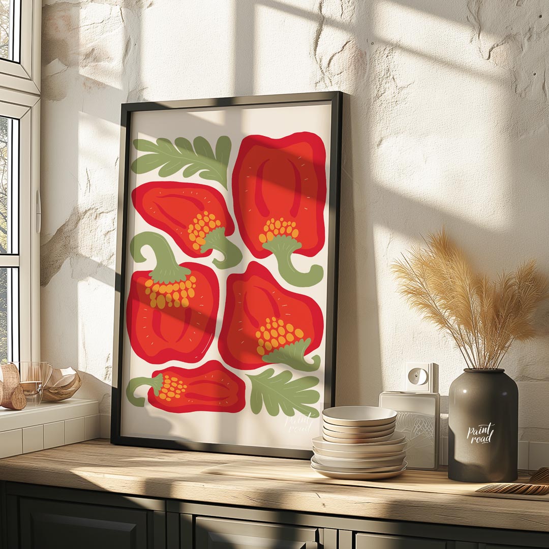 This vibrant and bold illustration celebrates the beauty of red bell peppers, presented in various … for kitchen