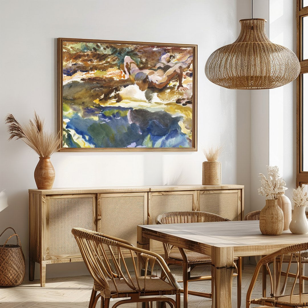 Immerse yourself in the vibrant hues and organic forms of this exquisite watercolor artwork. With for Dining