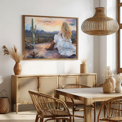 Immerse yourself in the serene beauty of the desert with this captivating artwork. A lone figure for Dining