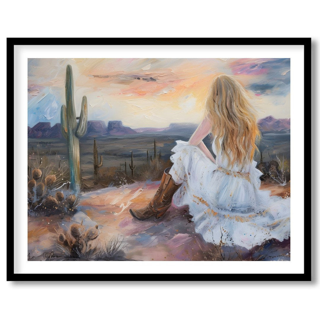 Immerse yourself in the serene beauty of the desert with this captivating artwork. A lone figure for dwelling
