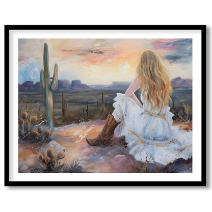 Immerse yourself in the serene beauty of the desert with this captivating artwork. A lone figure for dwelling
