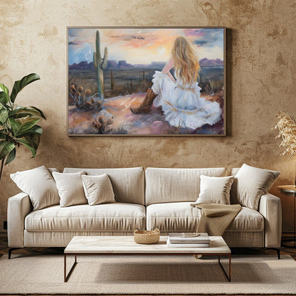 Immerse yourself in the serene beauty of the desert with this captivating artwork. A lone figure for Family Room
