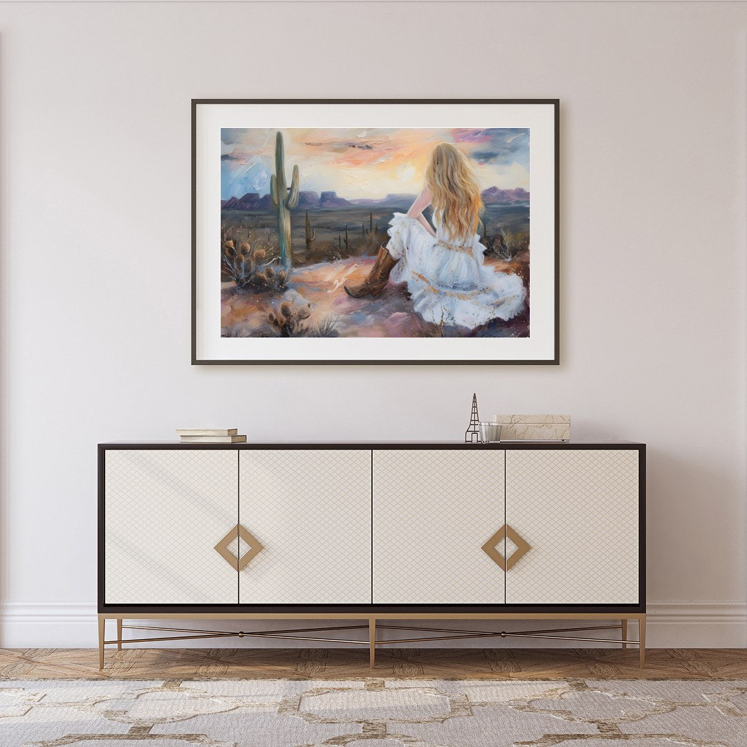 Immerse yourself in the serene beauty of the desert with this captivating artwork. A lone figure for Foyer