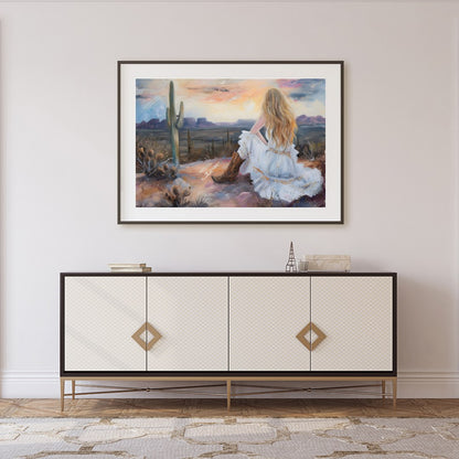 Immerse yourself in the serene beauty of the desert with this captivating artwork. A lone figure for Foyer
