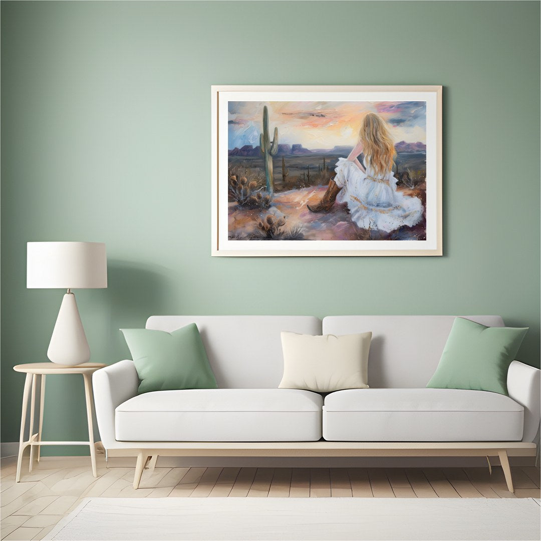 Immerse yourself in the serene beauty of the desert with this captivating artwork. A lone figure for Hall