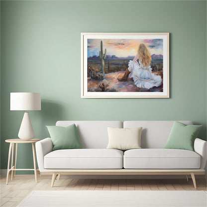 Immerse yourself in the serene beauty of the desert with this captivating artwork. A lone figure for Hall