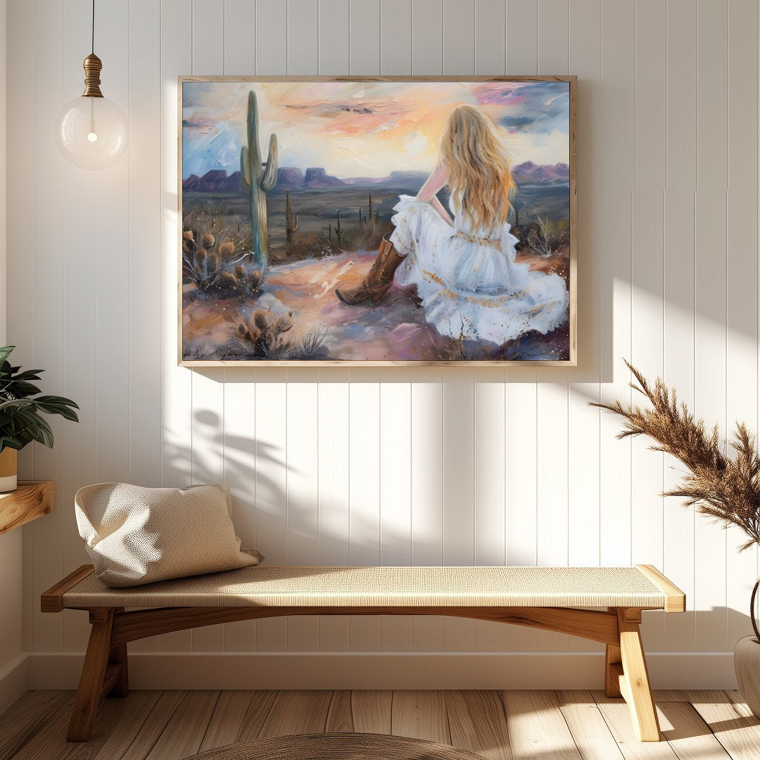 Immerse yourself in the serene beauty of the desert with this captivating artwork. A lone figure for Hallway