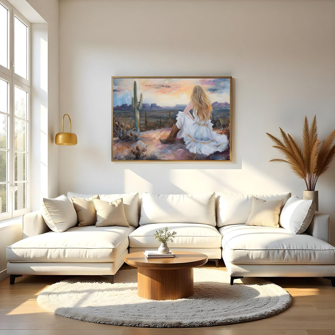 Immerse yourself in the serene beauty of the desert with this captivating artwork. A lone figure for Living Room