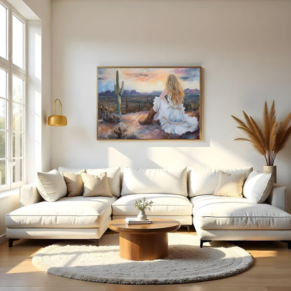 Immerse yourself in the serene beauty of the desert with this captivating artwork. A lone figure for Living Room