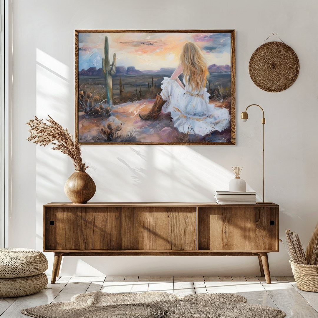 Immerse yourself in the serene beauty of the desert with this captivating artwork. A lone figure for Sitting Area