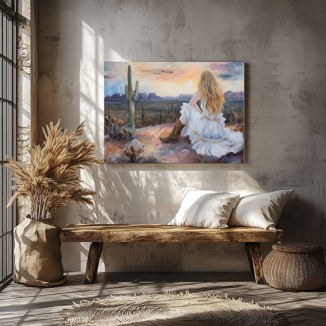 Immerse yourself in the serene beauty of the desert with this captivating artwork. A lone figure for Veranda