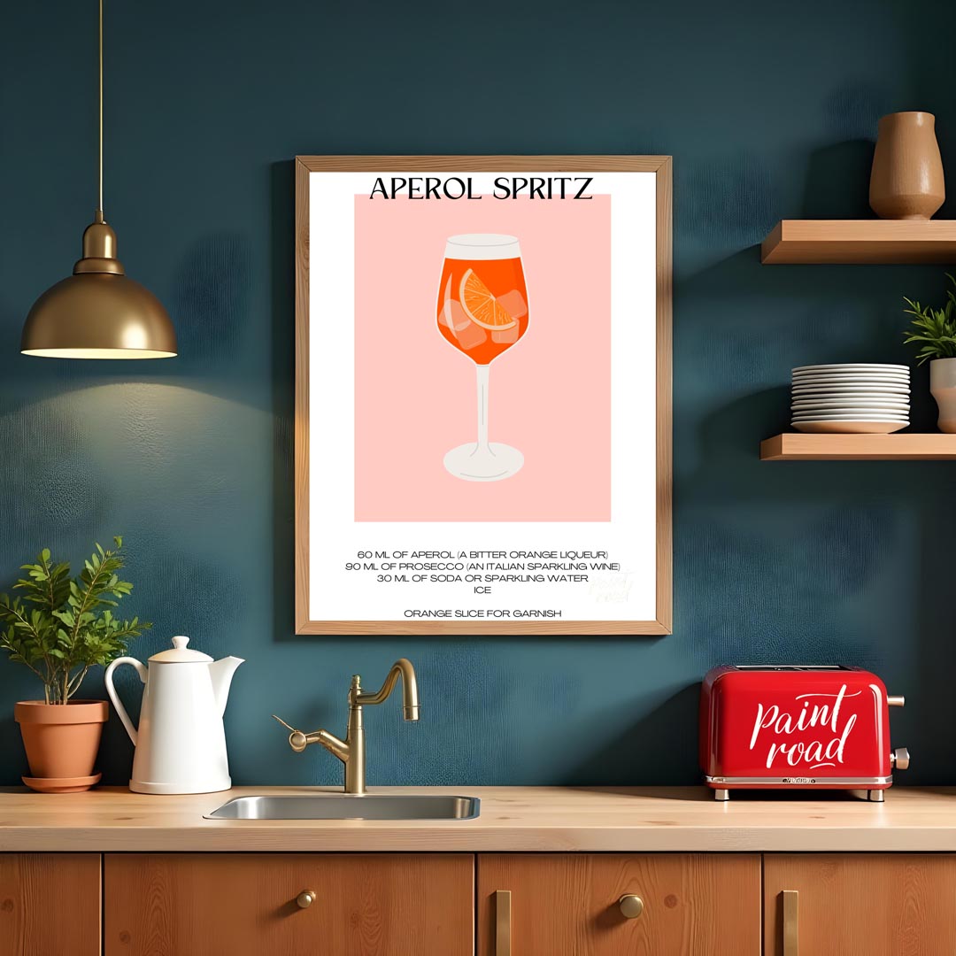This vibrant and inviting poster showcases a bold, graphic illustration of a refreshing Aperol Spri… for kitchen