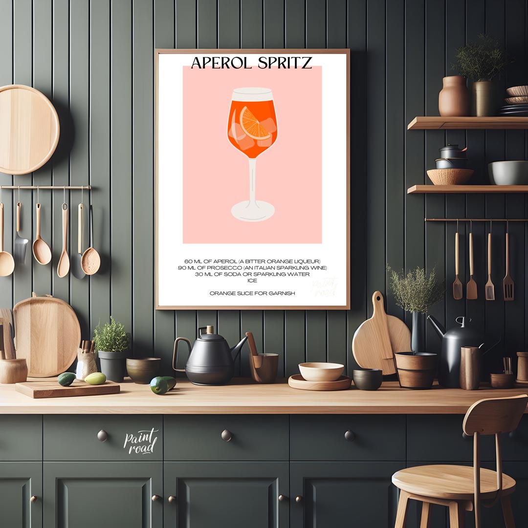 This vibrant and inviting poster showcases a bold, graphic illustration of a refreshing Aperol Spri… for kitchen