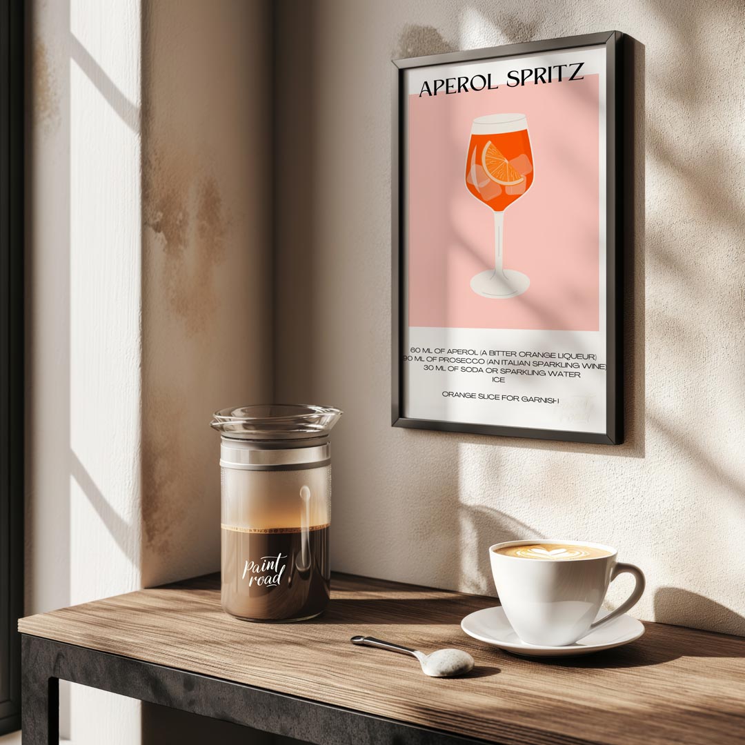 This vibrant and inviting poster showcases a bold, graphic illustration of a refreshing Aperol Spri… for kitchen