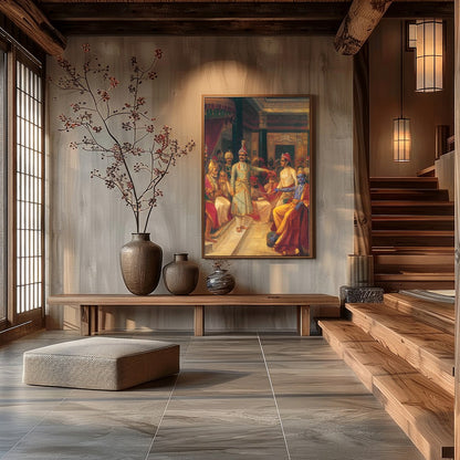 Step into the grandeur of a historic royal courtroom with this stunning artwork. The intricate for Hall