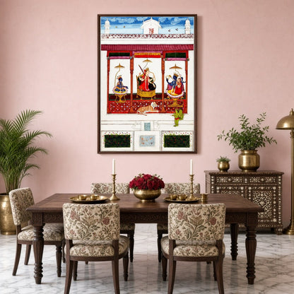 Immerse your space in divine elegance with this fine art print depicting a serene assembly of Devi for Dining