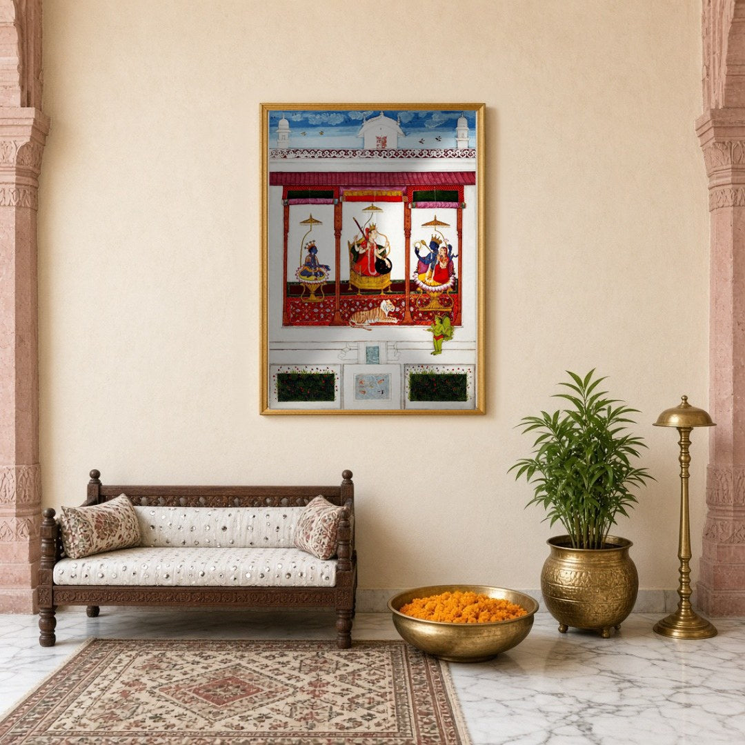 Immerse your space in divine elegance with this fine art print depicting a serene assembly of Devi for Entrance