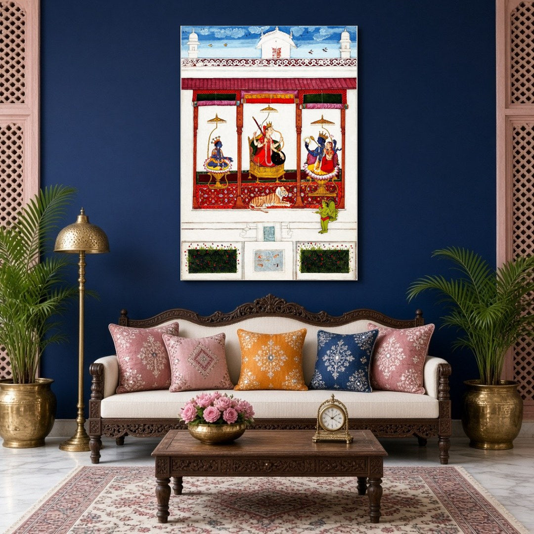 Immerse your space in divine elegance with this fine art print depicting a serene assembly of Devi for Living Room