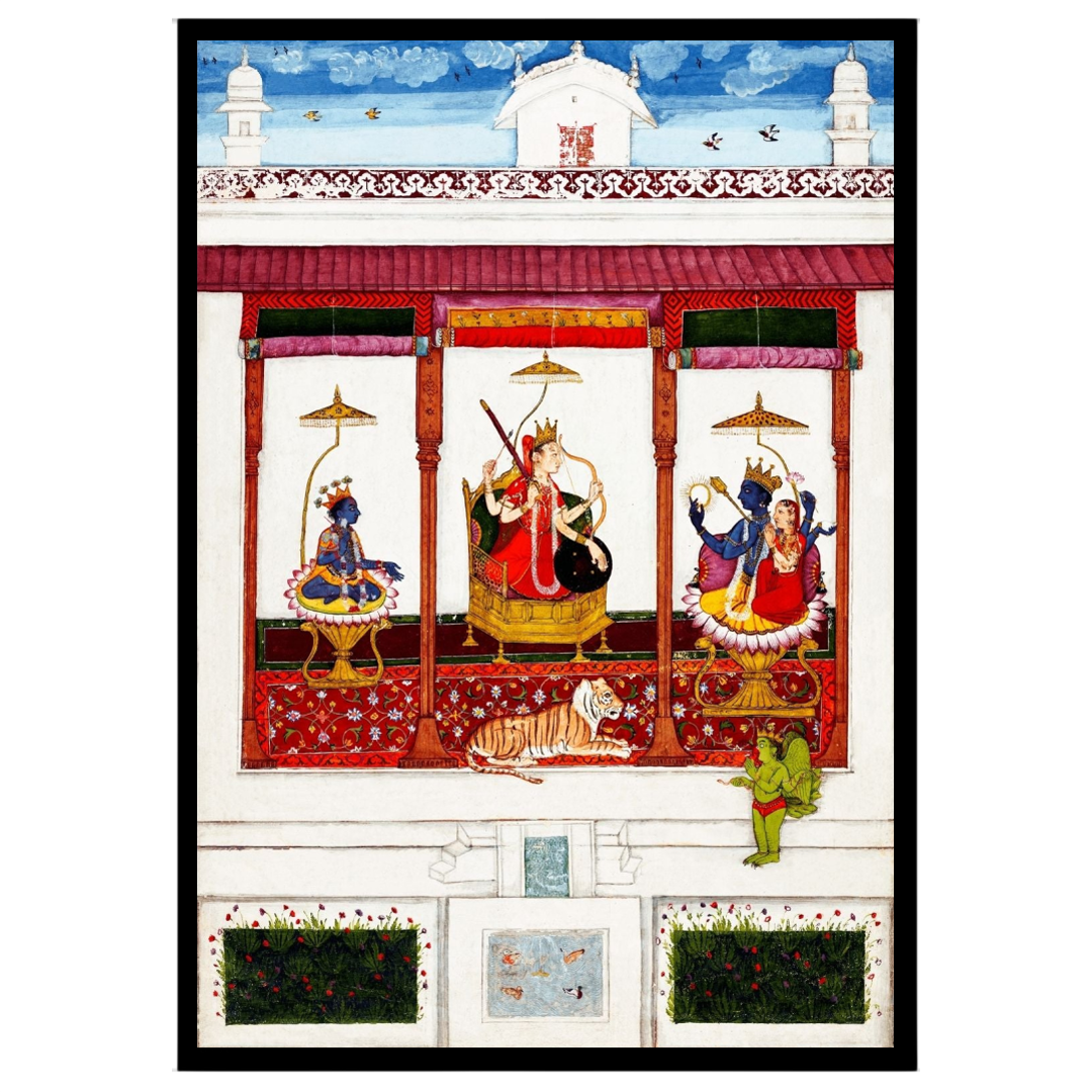 Immerse your space in divine elegance with this fine art print depicting a serene assembly of Devi for living-space
