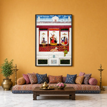 Immerse your space in divine elegance with this fine art print depicting a serene assembly of Devi for Sitting Lounge