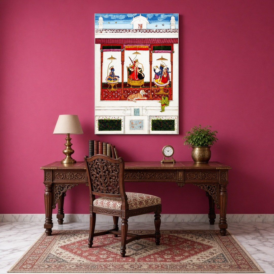 Immerse your space in divine elegance with this fine art print depicting a serene assembly of Devi for Study