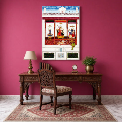 Immerse your space in divine elegance with this fine art print depicting a serene assembly of Devi for Study
