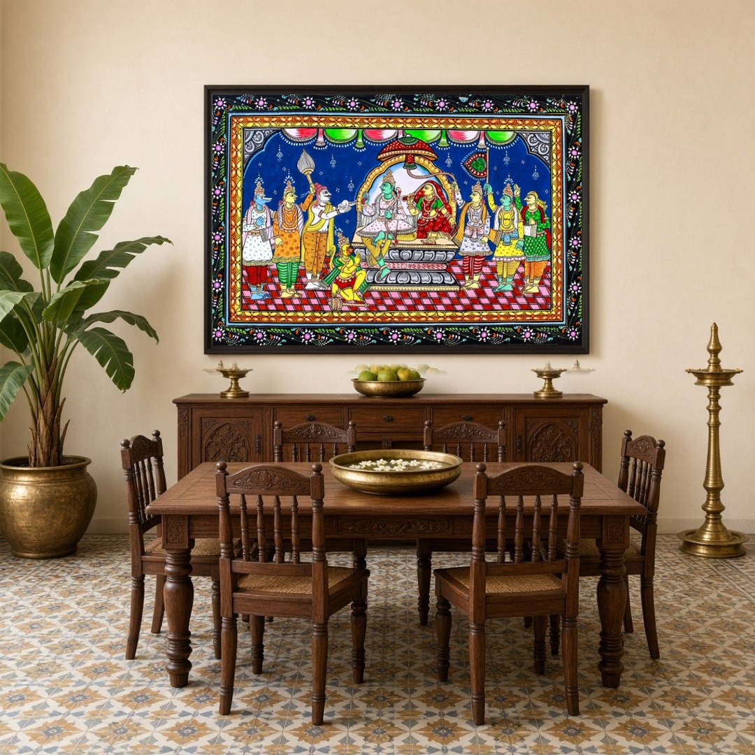 Immerse yourself in the divine splendor of Lord Ram's assembly with this captivating Pattachitra for Dining