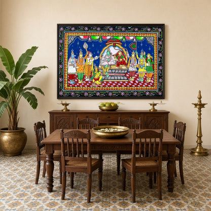 Immerse yourself in the divine splendor of Lord Ram's assembly with this captivating Pattachitra for Dining