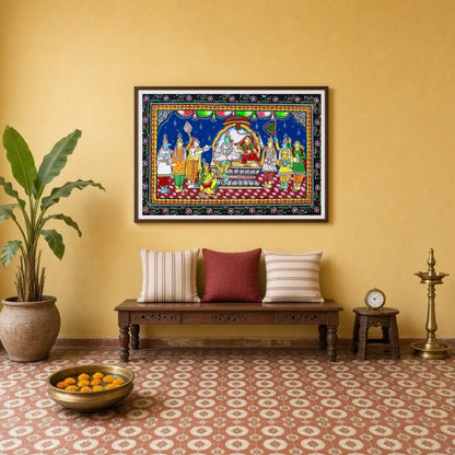 Immerse yourself in the divine splendor of Lord Ram's assembly with this captivating Pattachitra for Entrance