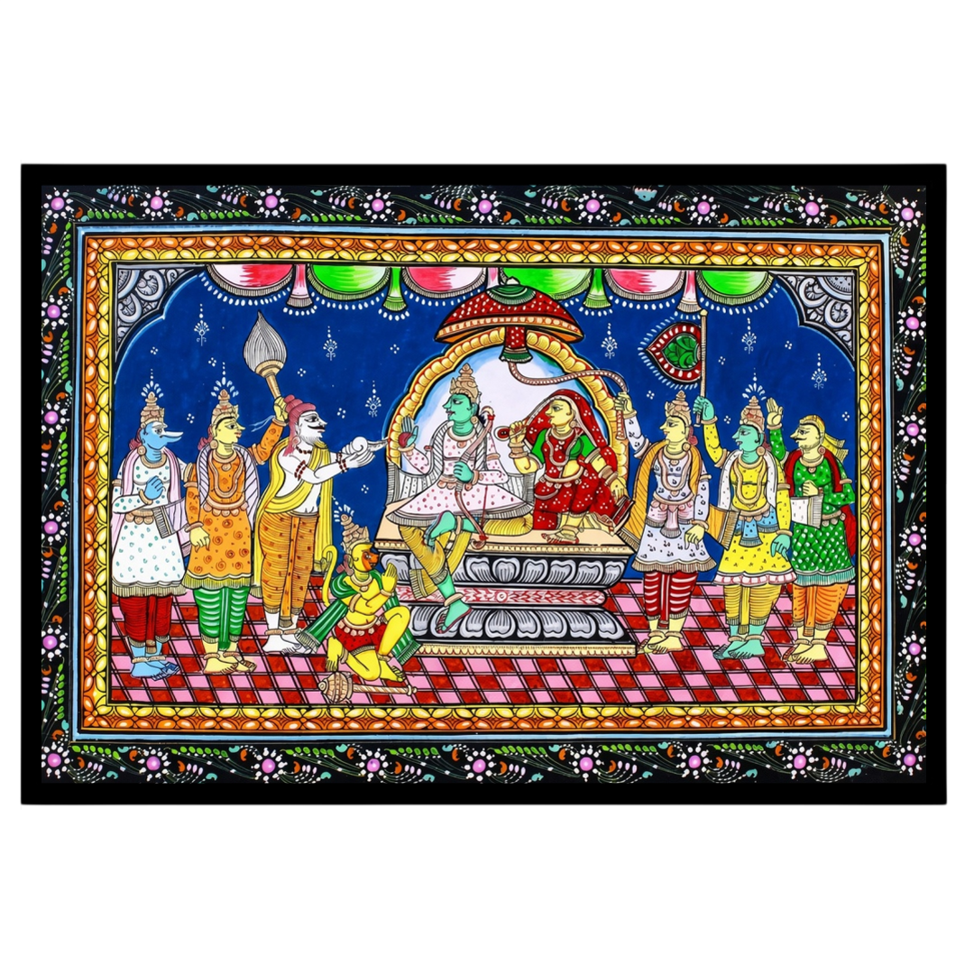 Immerse yourself in the divine splendor of Lord Ram's assembly with this captivating Pattachitra for haven