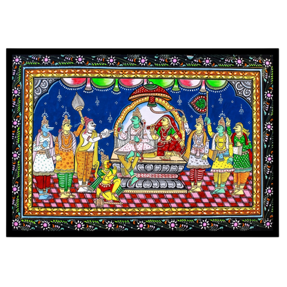 Immerse yourself in the divine splendor of Lord Ram's assembly with this captivating Pattachitra for haven