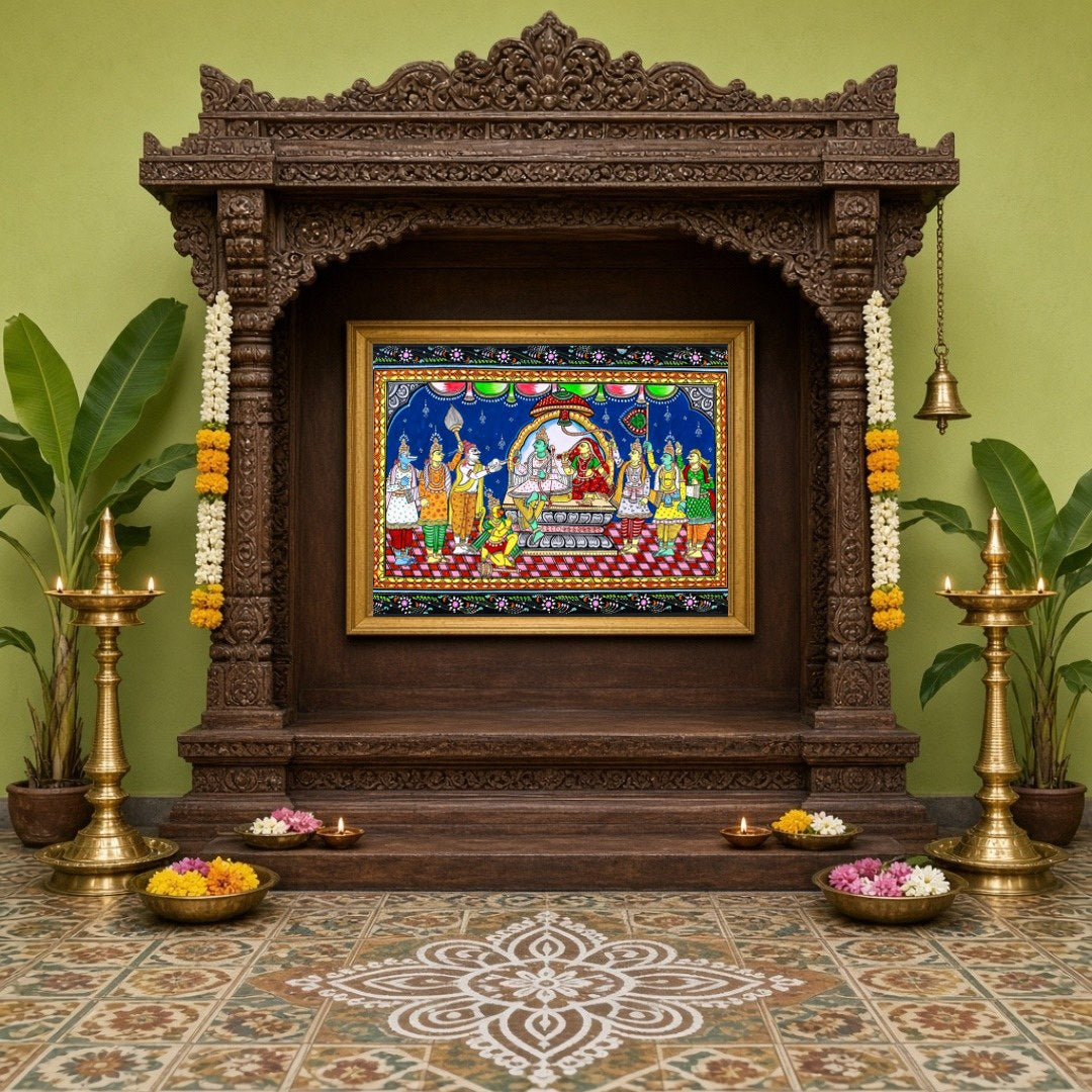 Immerse yourself in the divine splendor of Lord Ram's assembly with this captivating Pattachitra for Home Temple