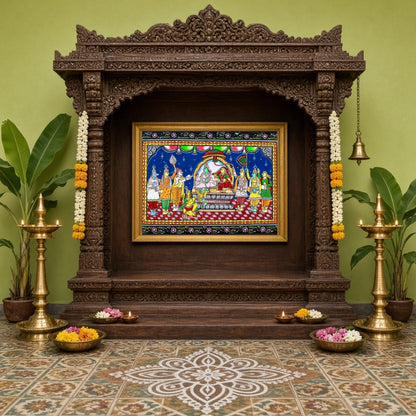 Immerse yourself in the divine splendor of Lord Ram's assembly with this captivating Pattachitra for Home Temple