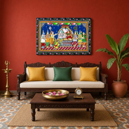 Immerse yourself in the divine splendor of Lord Ram's assembly with this captivating Pattachitra for Living Room