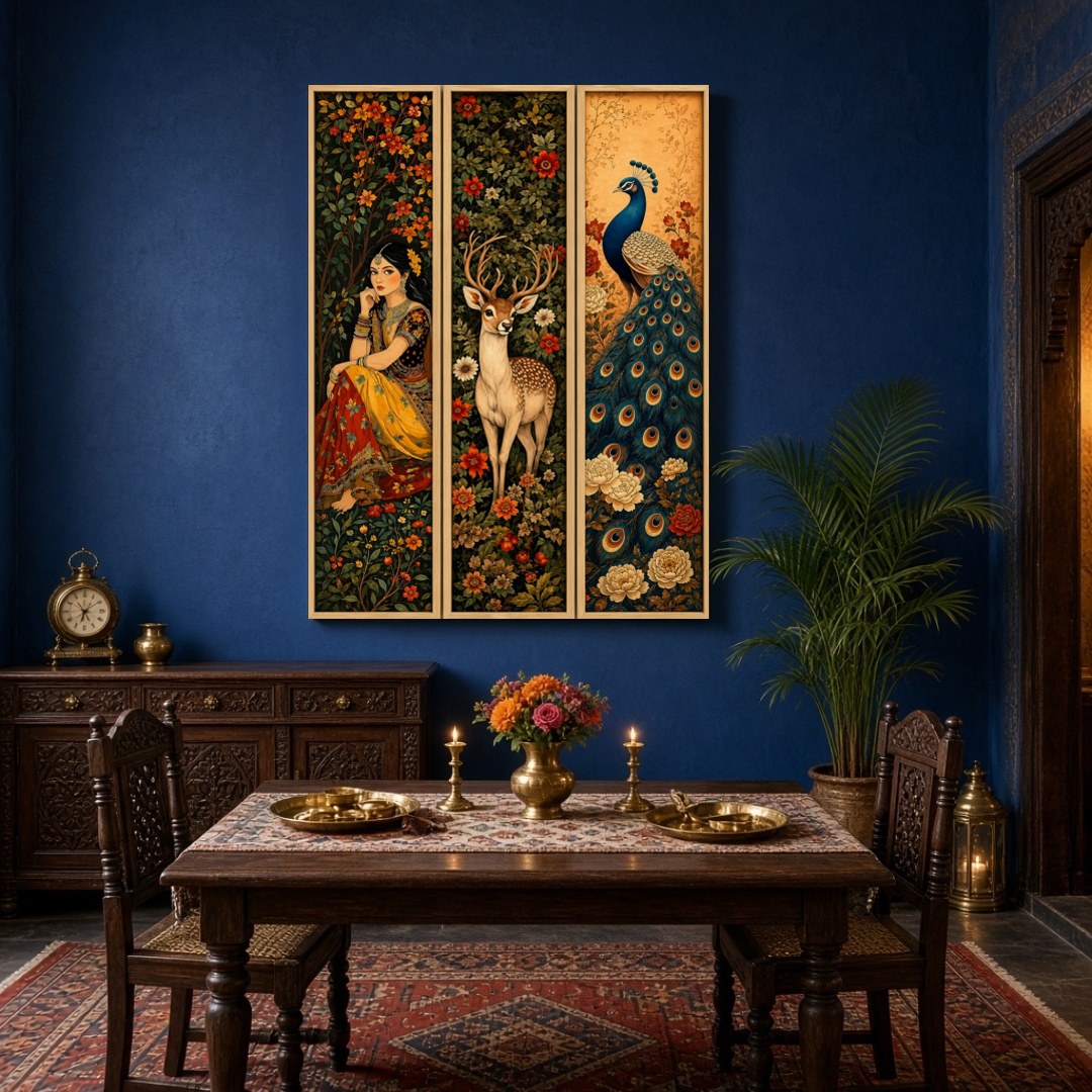 This captivating triptych immerses you in the elegance of Mughal art through a harmonious blend of for Dining