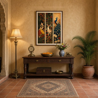 This captivating triptych immerses you in the elegance of Mughal art through a harmonious blend of for Entrance