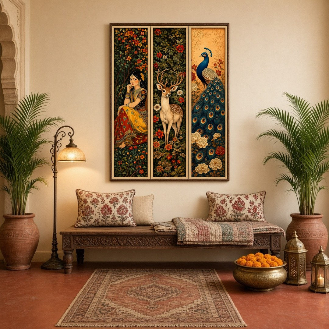 This captivating triptych immerses you in the elegance of Mughal art through a harmonious blend of for Hallway