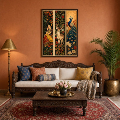 This captivating triptych immerses you in the elegance of Mughal art through a harmonious blend of for Living Room