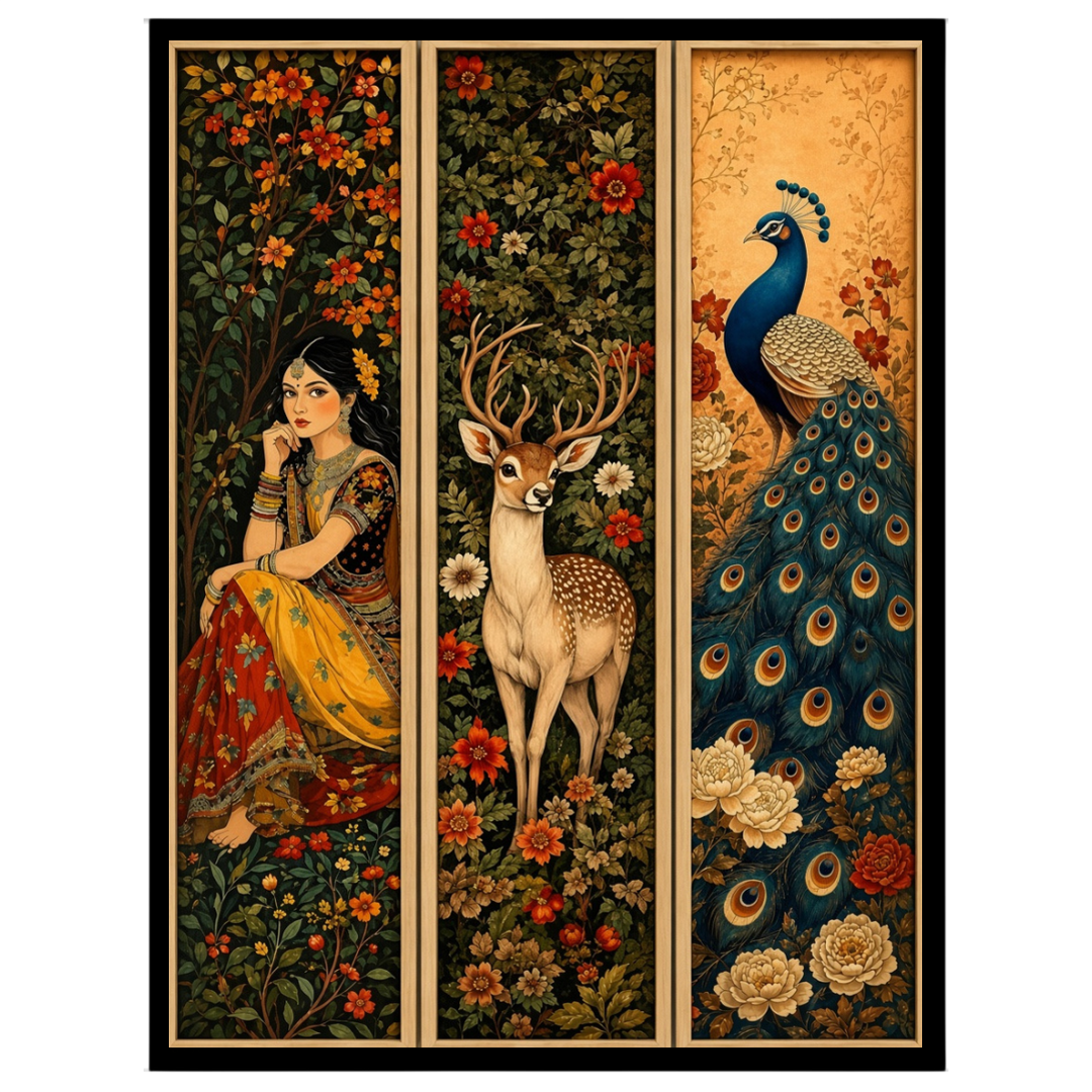 This captivating triptych immerses you in the elegance of Mughal art through a harmonious blend of for residence