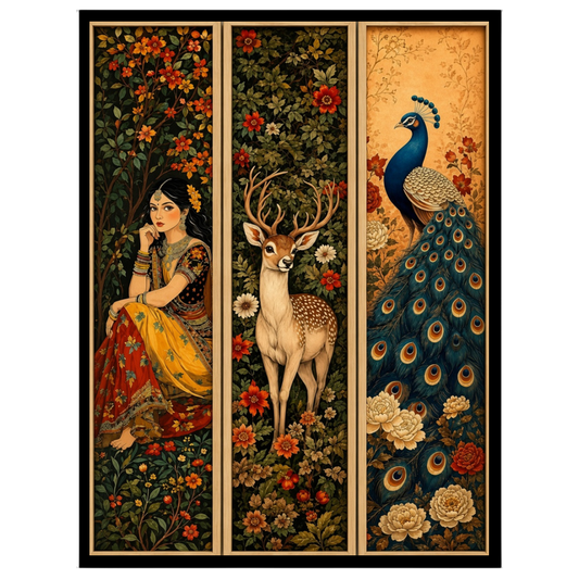 This captivating triptych immerses you in the elegance of Mughal art through a harmonious blend of for residence