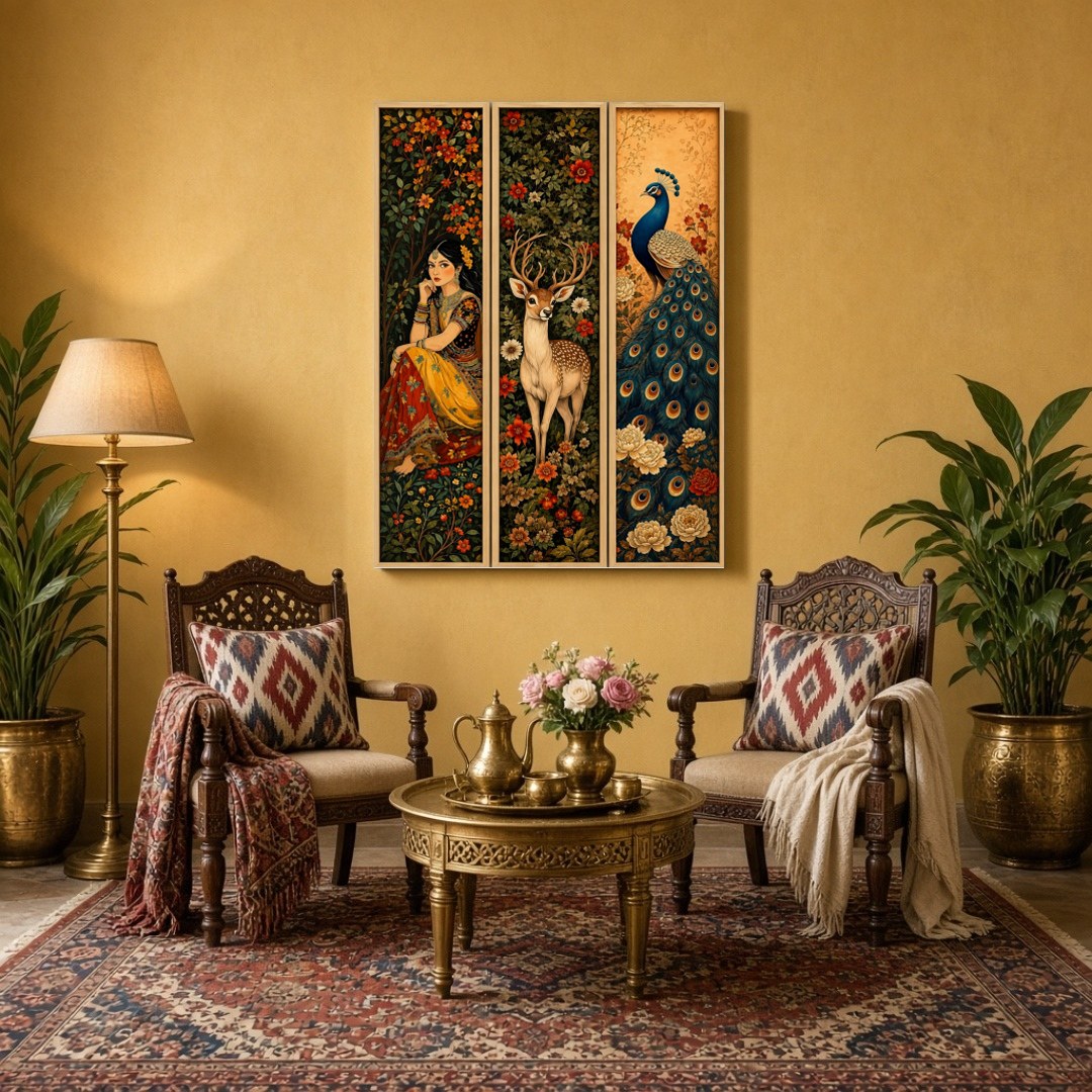 This captivating triptych immerses you in the elegance of Mughal art through a harmonious blend of for Sitting Area