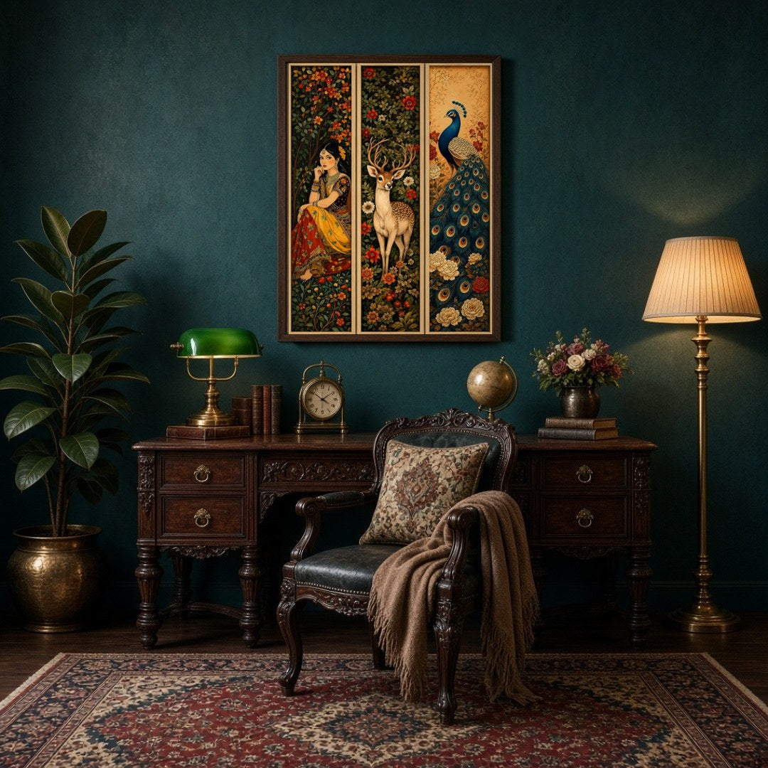 This captivating triptych immerses you in the elegance of Mughal art through a harmonious blend of for Study