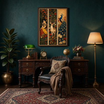 This captivating triptych immerses you in the elegance of Mughal art through a harmonious blend of for Study