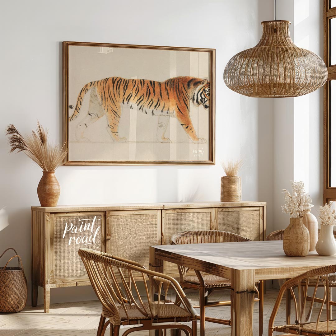 This classic and detailed illustration presents a regal Bengal tiger in a side profile stance, capt… for dining room