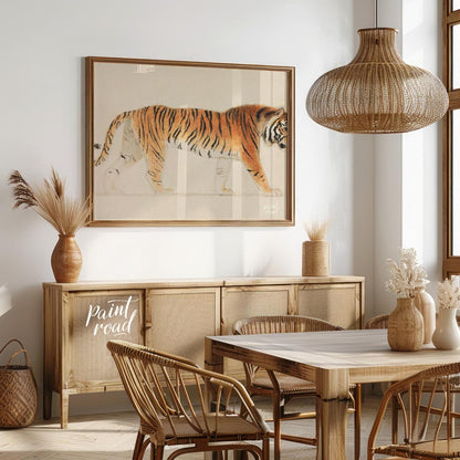 This classic and detailed illustration presents a regal Bengal tiger in a side profile stance, capt… for dining room