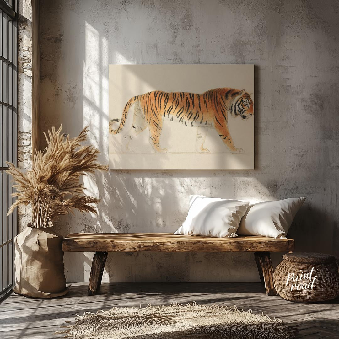 This classic and detailed illustration presents a regal Bengal tiger in a side profile stance, capt… for entryway