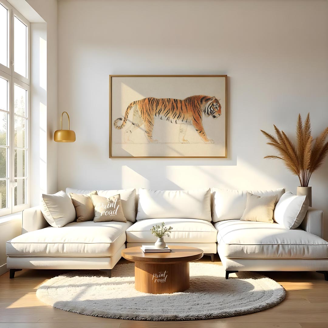 This classic and detailed illustration presents a regal Bengal tiger in a side profile stance, capt… for living room