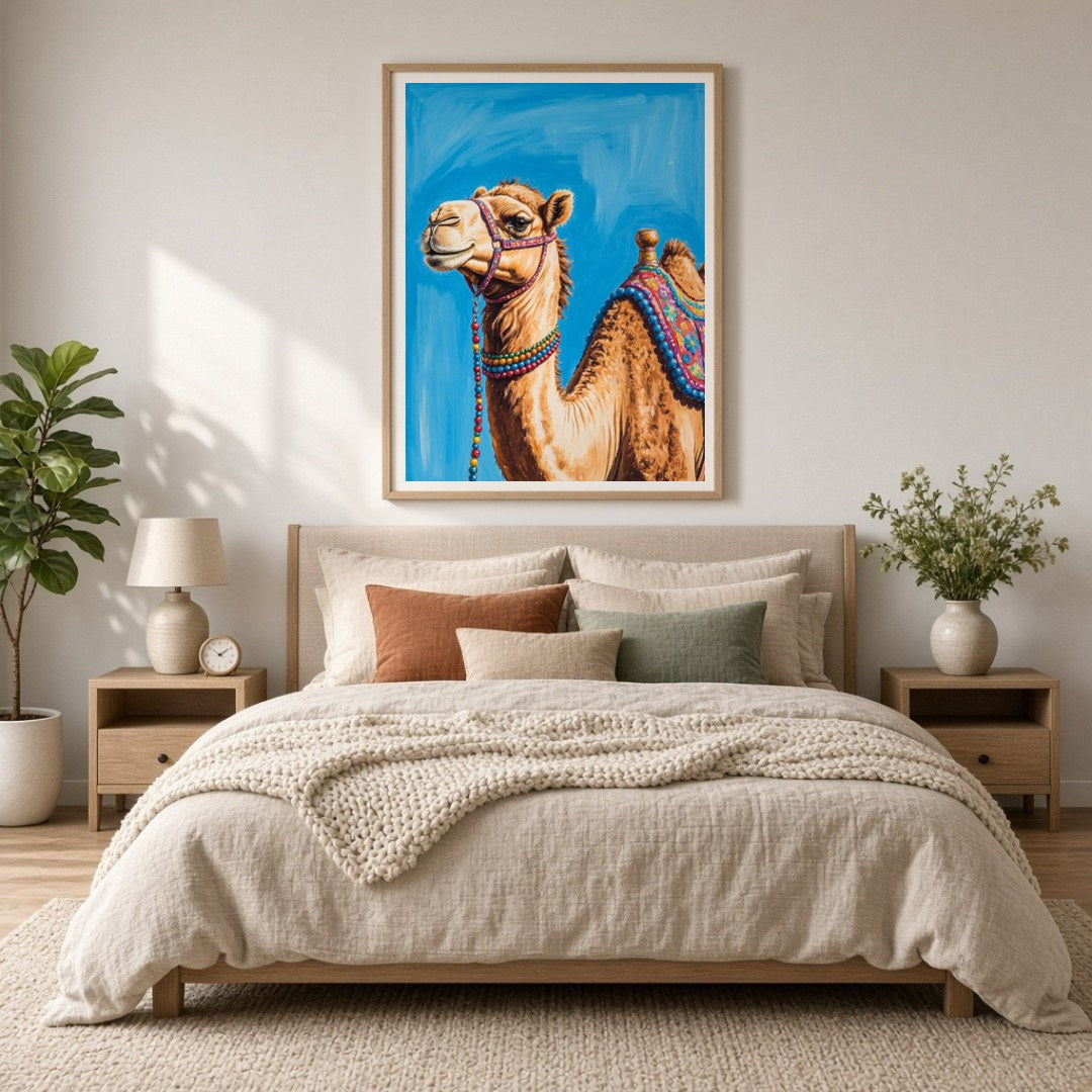 Capture the majesty of the desert with this stunning camel portrait, featuring vivid colors and for Bedroom