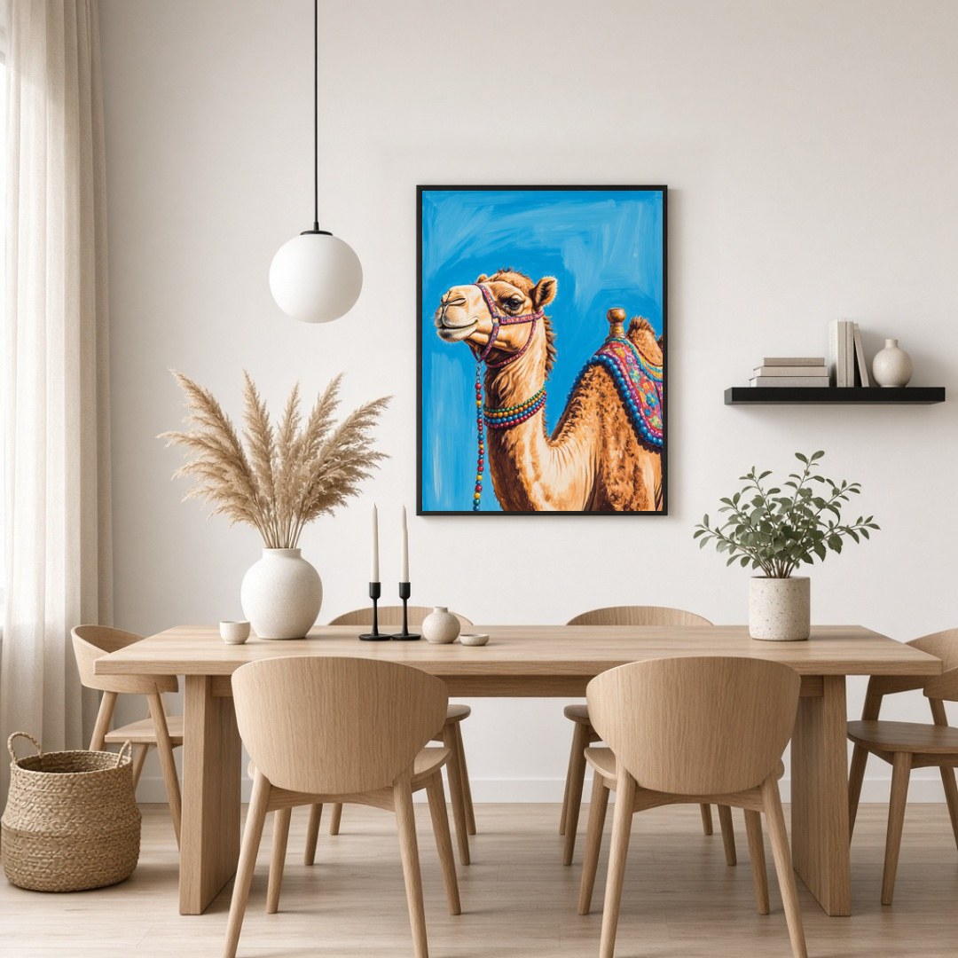 Capture the majesty of the desert with this stunning camel portrait, featuring vivid colors and for Dining